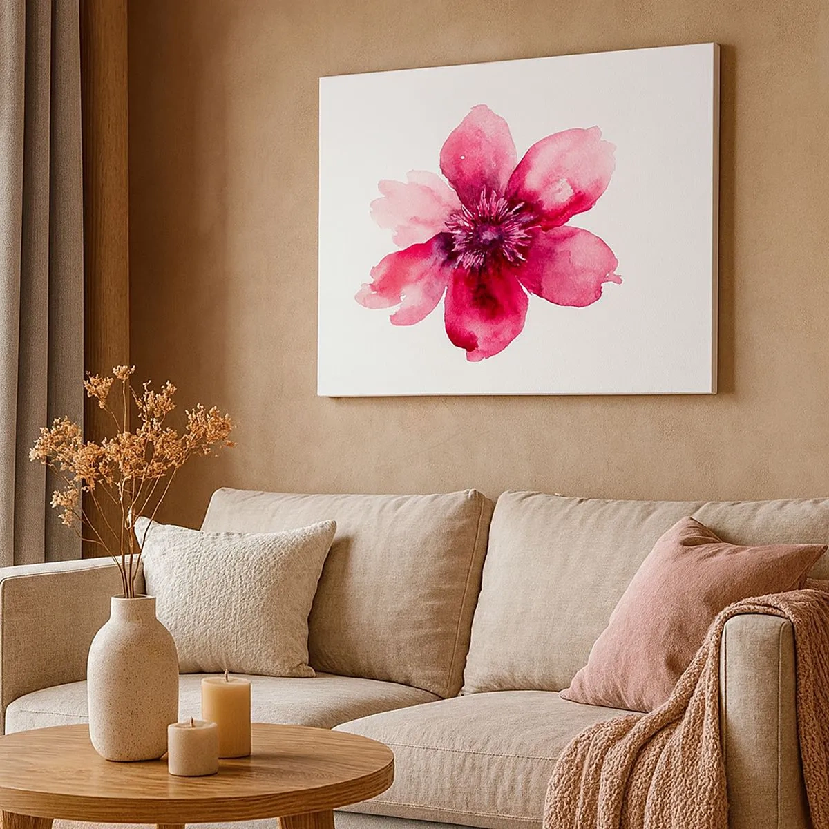 Bild auf Leinwand - Leinwandbild - Rosa Blume im Aquarellstil auf weißem Hintergrund - 70x50cm - Ein nach Karmin duftender Kuss - Moderne Wanddekoration für Wohnzimmer und Schlafzimmer ARTTOR