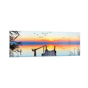 Glasbild - Bild auf glas - Holzsteg über dem See bei Sonnenuntergang - 160x50cm - Es ist Zeit, zurückzukehren ... - Moderne Wanddekoration für Wohnzimmer und Schlafzimmer ARTTOR