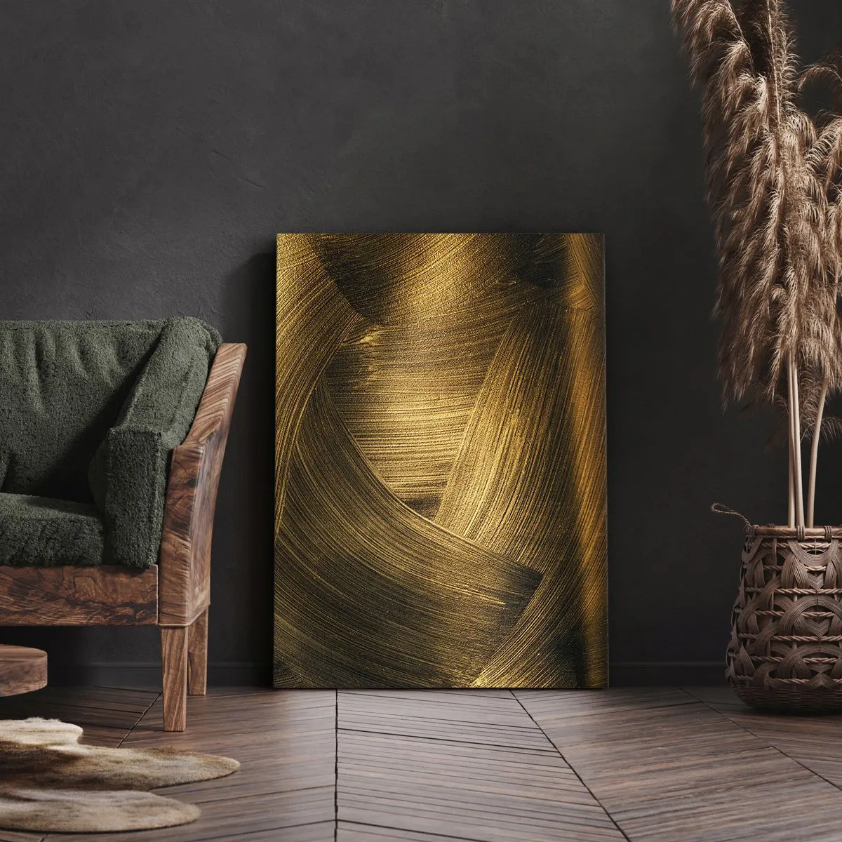 Bild auf Leinwand - Leinwandbild - Goldene abstrakte Pinselstriche - 80x120cm - In einem goldenen Labyrinth - Moderne Wanddekoration für Wohnzimmer und Schlafzimmer ARTTOR