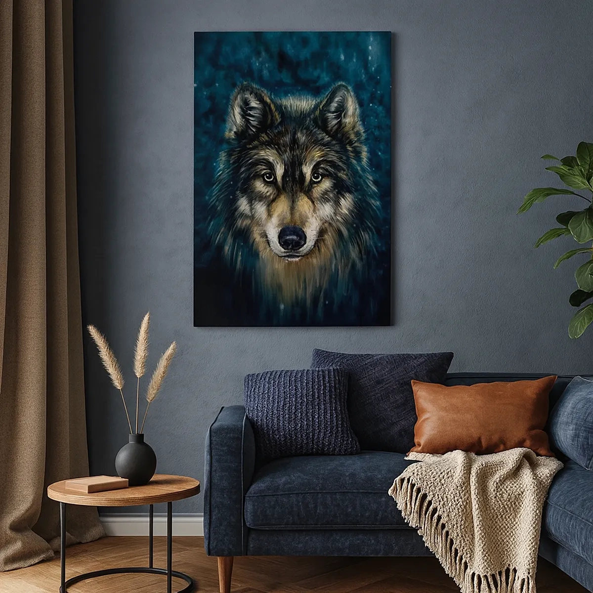 Bild auf Leinwand - Leinwandbild - Porträt eines Wolfes auf dunkelblauem Hintergrund - 50x70cm - Alpha? Und Omega - Moderne Wanddekoration für Wohnzimmer und Schlafzimmer ARTTOR