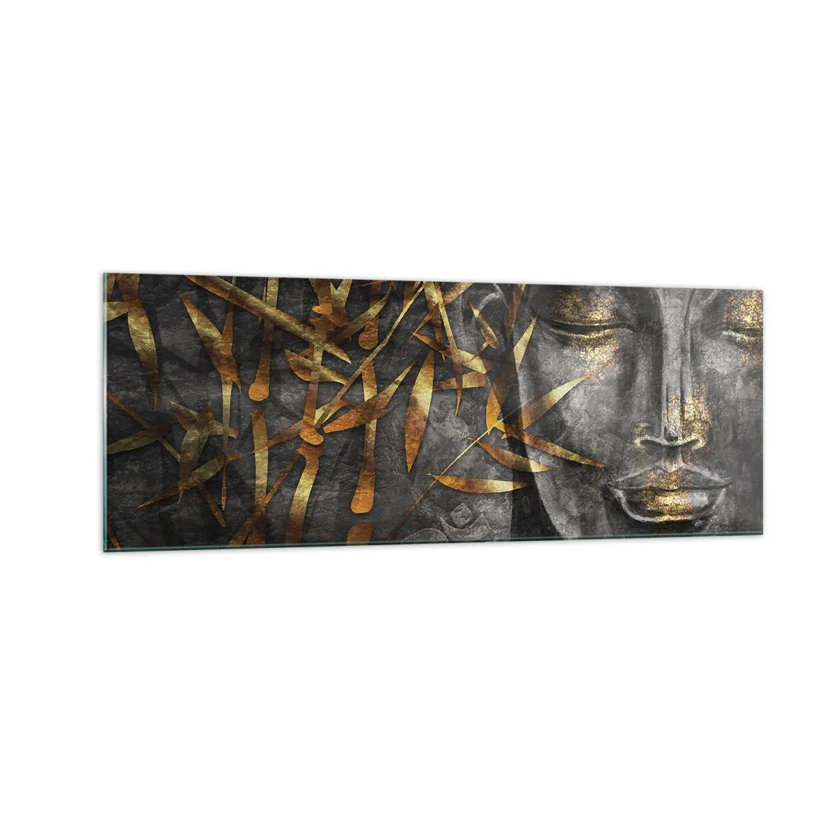 Glasbild - Bild auf glas - Zen-Buddha-Bild mit goldenem Bambus - 140x50cm - Fühle den Frieden - Moderne Wanddekoration für Wohnzimmer und Schlafzimmer ARTTOR