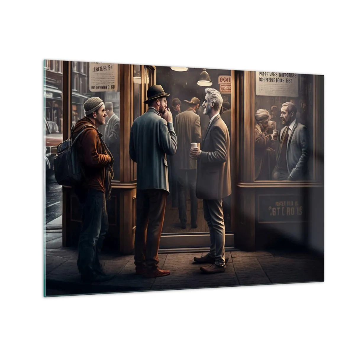 Glasbild - Bild auf glas - Männer unterhalten sich vor einem Café in einem urbanen Retro-Ambiente - 70x50cm - Gute Zeit des Tages - Moderne Wanddekoration für Wohnzimmer und Schlafzimmer ARTTOR
