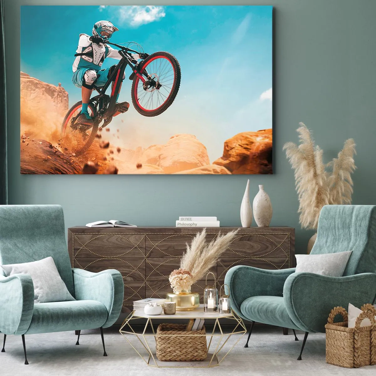 Bild auf Leinwand - Leinwandbild - Ein Mountainbiker macht einen Sprung vor einer Felskulisse - 70x50cm - Fahrrad-Wahnsinn-Dämon - Moderne Wanddekoration für Wohnzimmer und Schlafzimmer ARTTOR