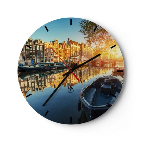Wanduhr - Glasuhr - Stadtkanal bei Sonnenuntergang - 30x30cm - Morgen in Amsterdam - Moderne Wanddekoration für Wohnzimmer, Küche und Schlafzimmer ARTTOR