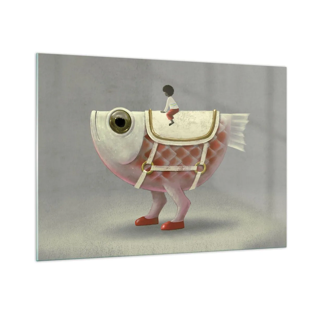 Glasbild - Bild auf glas - Eine Figur, die auf einem rosa Fisch mit Beinen und Sattel reitet - 100x70cm - Reiter auf einem surrealen Fisch - Moderne Wanddekoration für Wohnzimmer und Schlafzimmer ARTTOR