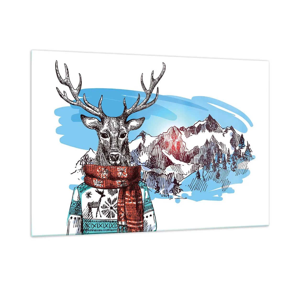 Glasbild - Bild auf glas - Ein Hirsch in Pullover und Schal vor einer Berglandschaft - 120x80cm - Auch ein Reh friert nicht - Moderne Wanddekoration für Wohnzimmer und Schlafzimmer ARTTOR