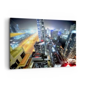 Bild auf Leinwand - Leinwandbild - Panorama der nächtlichen Stadt mit beleuchteten Wolkenkratzern - 100x70cm - Ein Wunder in der Wüste - Moderne Wanddekoration für Wohnzimmer und Schlafzimmer ARTTOR