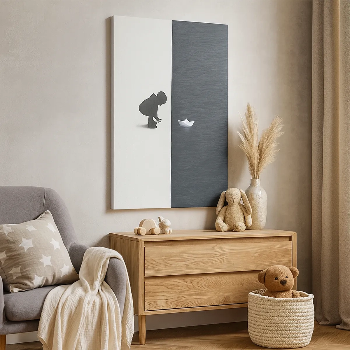 Bild auf Leinwand - Leinwandbild - Eine Kinderfigur mit einem Papierboot vor einem Hintergrund aus kontrastierenden Hälften - 50x70cm - Tolle Expedition - Moderne Wanddekoration für Wohnzimmer und Schlafzimmer ARTTOR