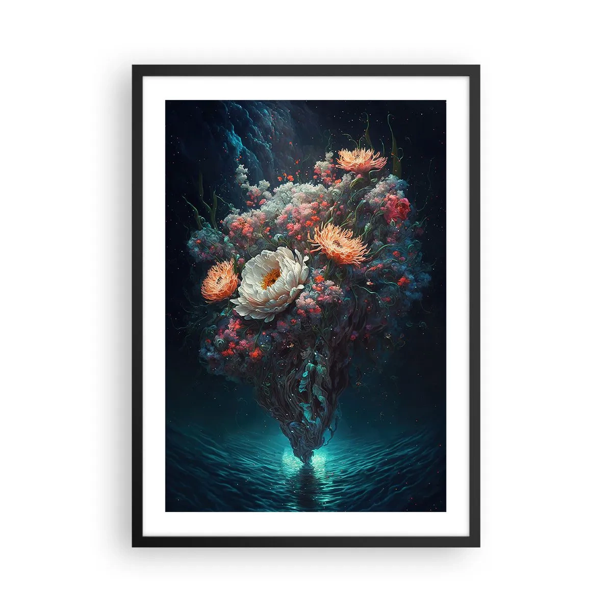 Poster in einem schwarzem Rahmen - Ein zauberhaftes Blumenarrangement, das über dem Wasser schwebt - 50x70cm - Seltsamer Garten - Moderne Wanddekoration für Wohnzimmer und Schlafzimmer ARTTOR