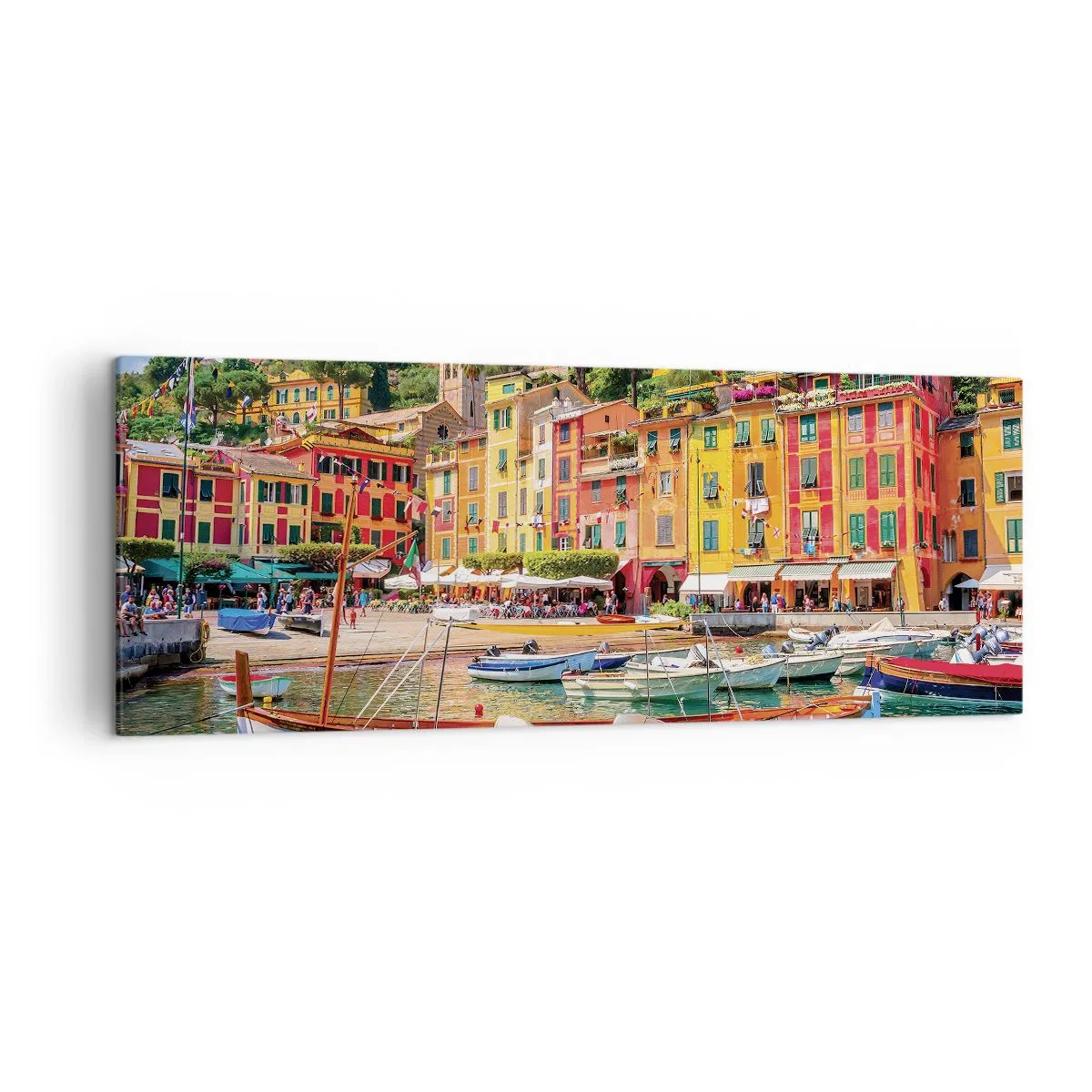 Bild auf Leinwand - Leinwandbild - Bunte Stadthäuser und Boote in einer italienischen Küstenstadt - 140x50cm - Italienischer Morgen - Moderne Wanddekoration für Wohnzimmer und Schlafzimmer ARTTOR