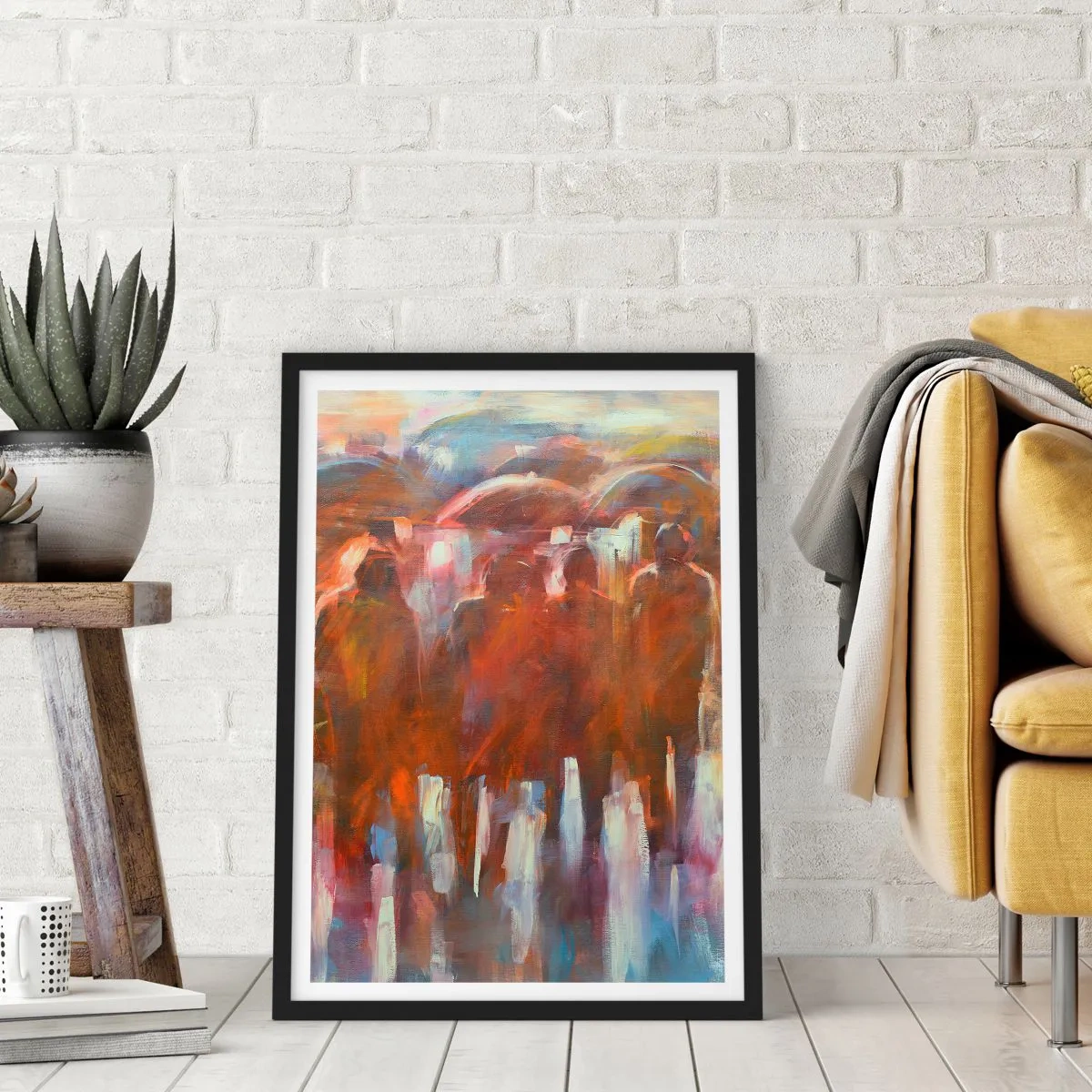 Poster in einem schwarzem Rahmen - Abstrakte Figuren in warmen Farbtönen - 50x70cm - Auch bei Regen und Nebel - Moderne Wanddekoration für Wohnzimmer und Schlafzimmer ARTTOR