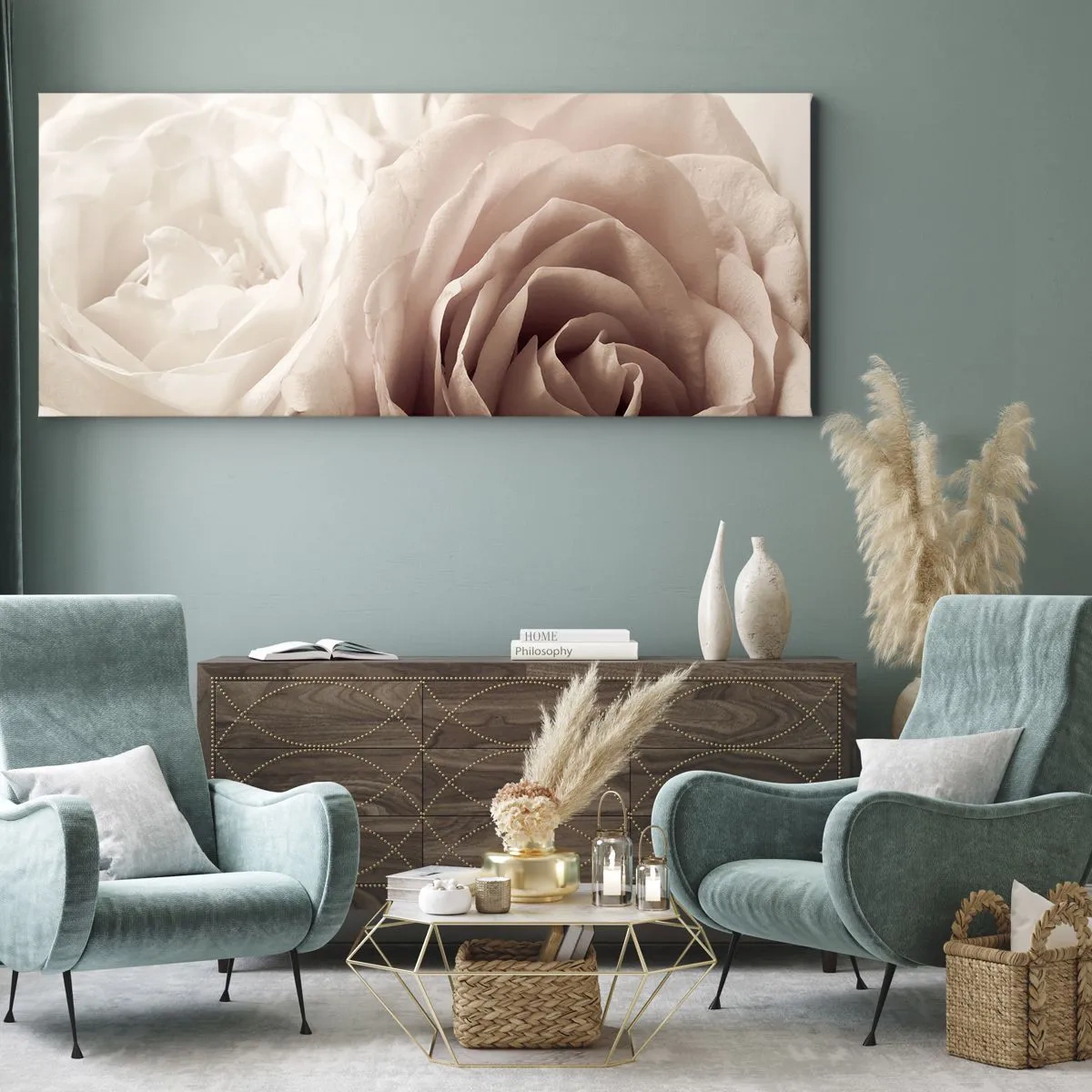 Bild auf Leinwand - Leinwandbild - Zarte Rosen in pastelligen Beigetönen - 120x50cm - Im Herzen der Rose - Moderne Wanddekoration für Wohnzimmer und Schlafzimmer ARTTOR