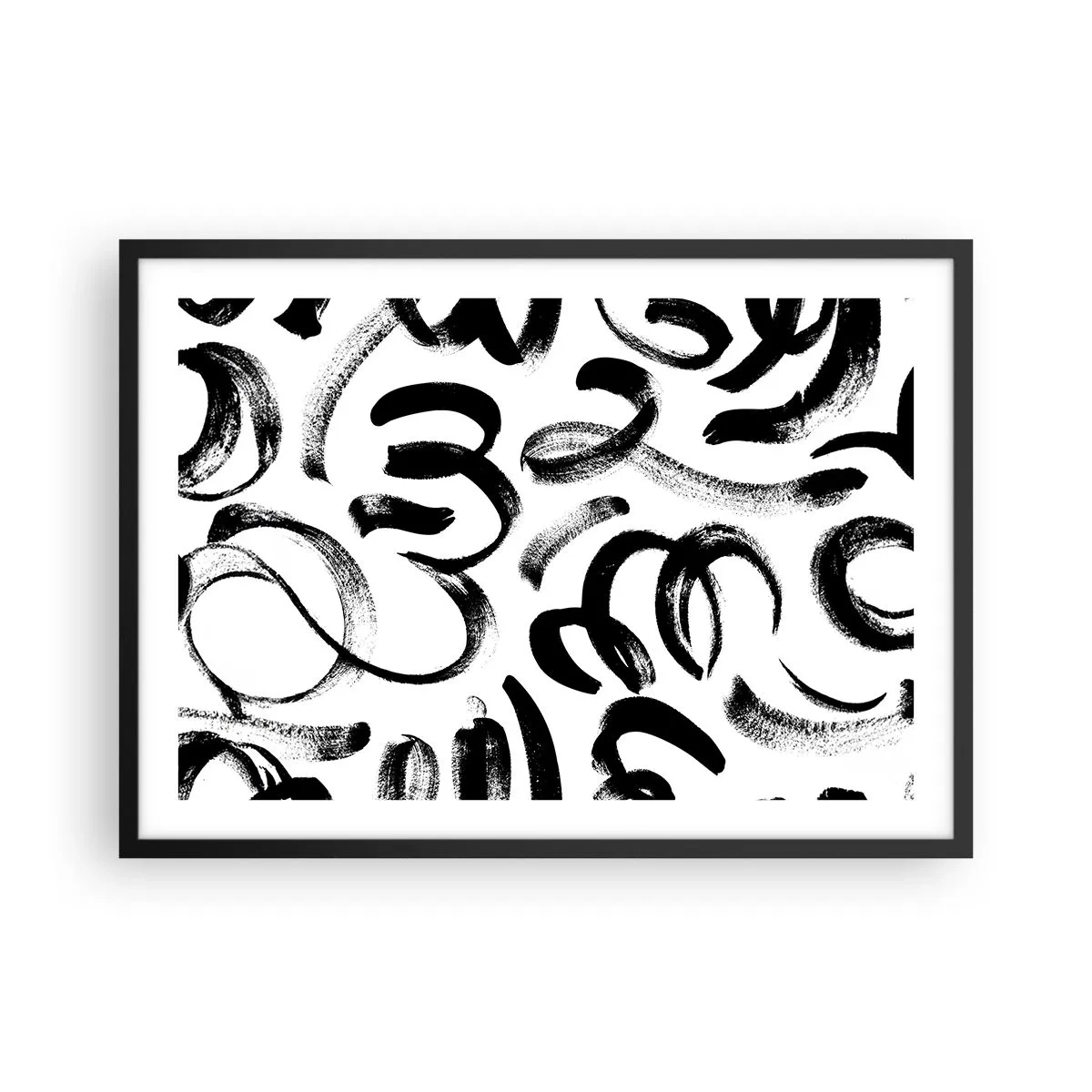 Poster in einem schwarzem Rahmen - Schwarze abstrakte Pinselstriche auf weißem Hintergrund - 70x50cm - Schwarz auf Weiß - Moderne Wanddekoration für Wohnzimmer und Schlafzimmer ARTTOR