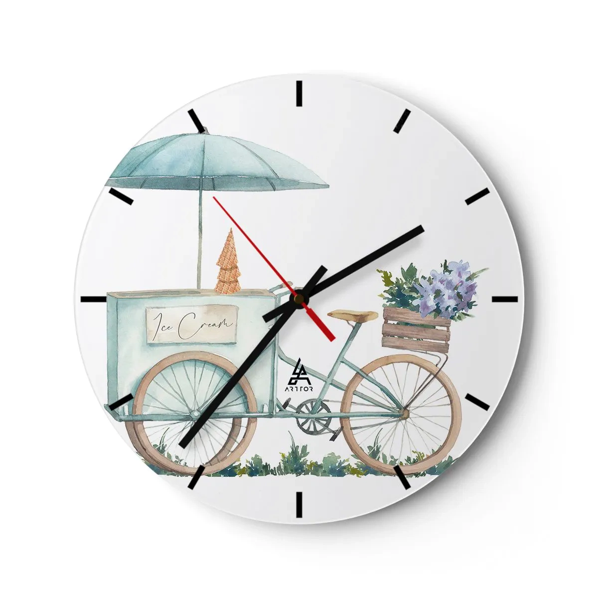 Wanduhr - Glasuhr - Ein Fahrrad mit Eis und Blumen in Pastell-Aquarell - 30x30cm - Süße Erinnerung an den Sommer - Moderne Wanddekoration für Wohnzimmer, Küche und Schlafzimmer ARTTOR