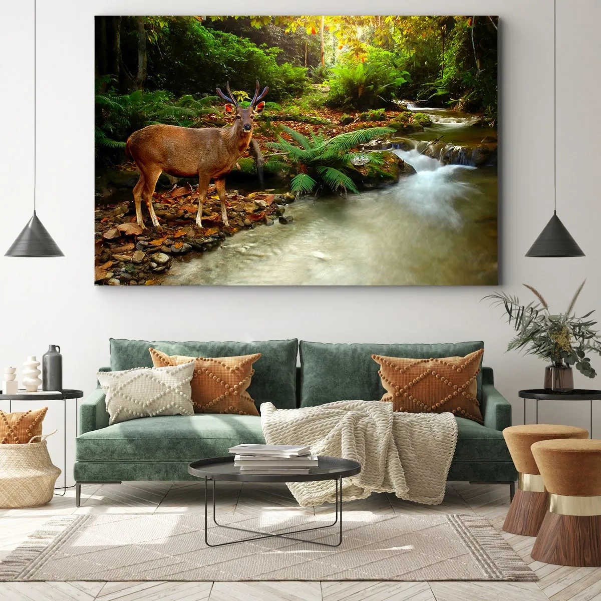 Bild auf Leinwand - Leinwandbild - Ein Reh an einem Bach, umgeben von Grün im Wald - 70x50cm - Willkommen in meiner Welt - Moderne Wanddekoration für Wohnzimmer und Schlafzimmer ARTTOR