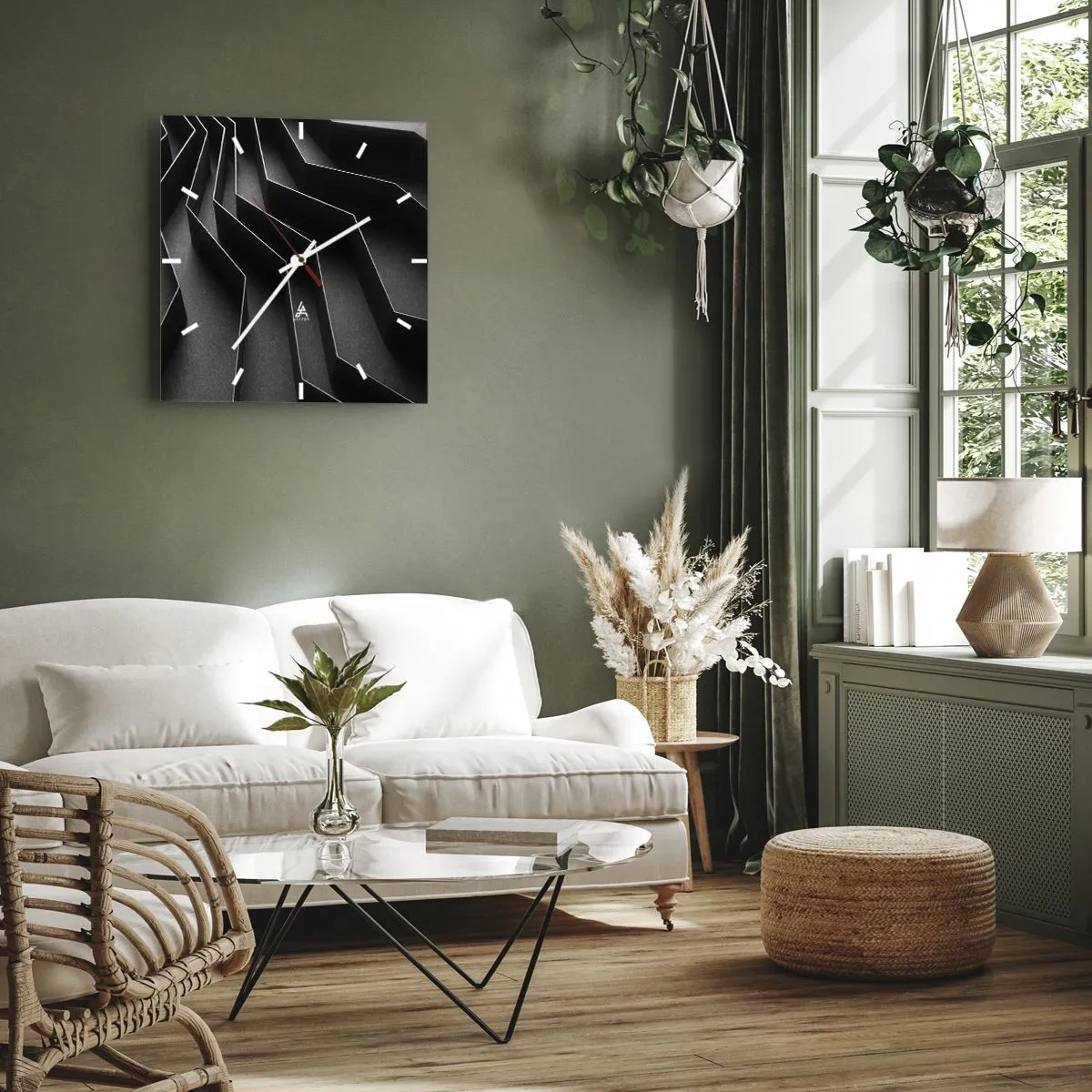 Wanduhr - Glasuhr - Schwarz-weiße Abstraktion mit geometrischen Strukturen - 30x30cm - Räumliche Ordnung - Moderne Wanddekoration für Wohnzimmer und Schlafzimmer ARTTOR