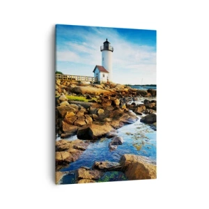 Bild auf Leinwand - Leinwandbild - Ein Leuchtturm an einer felsigen Küste an einem sonnigen Tag - 50x70cm - Komm glücklich zurück, ich warte - Moderne Wanddekoration für Wohnzimmer und Schlafzimmer ARTTOR