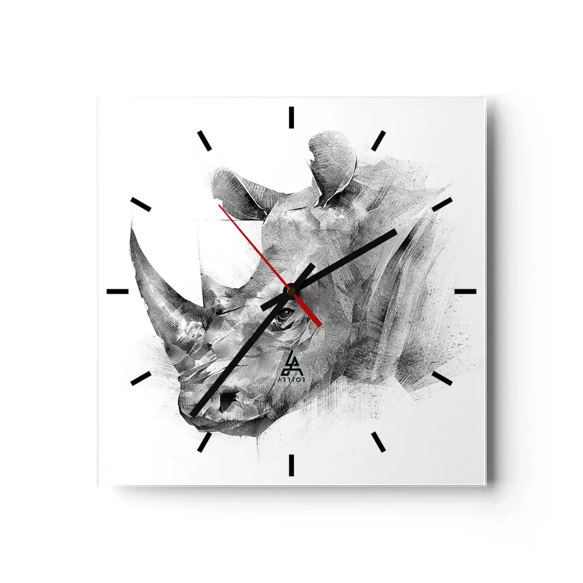 Wanduhr - Glasuhr - Künstlerisches Porträt eines Nashorns in Schwarzweiß - 30x30cm - Afrikanisches Porträt - Moderne Wanddekoration für Wohnzimmer und Schlafzimmer ARTTOR