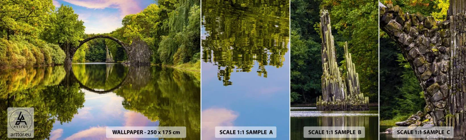 Fototapetenmuster Standard Eco - An der Kreuzung zweier Welten - Landschaft, Fluss, Brücke - 100x30 cm