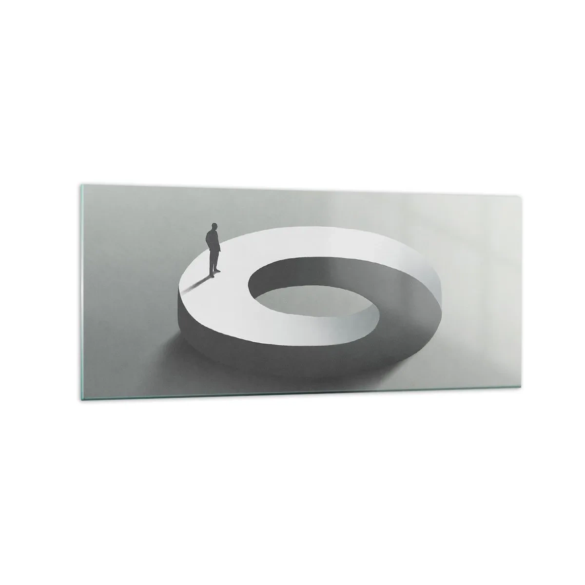 Glasbild - Bild auf glas - Ein Mann auf einer grauen, abstrakten Struktur - 120x50cm - Und wie soll man davon klug werden - Moderne Wanddekoration für Wohnzimmer und Schlafzimmer ARTTOR