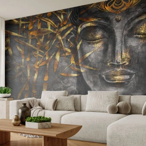 Fototapete Premium Sand - Ein goldenes Buddha-Bild auf dunklem Hintergrund mit Bambus - 100x70cm - Fühle den Frieden - Moderne Wanddekoration für Wohnzimmer und Schlafzimmer ARTTOR