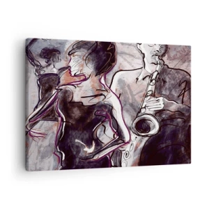 Bild auf Leinwand - Leinwandbild - Abstrakte Jazzszene mit einem Saxophonisten und einer tanzenden Frau. - 70x50cm - In der Musik auflösen - Moderne Wanddekoration für Wohnzimmer und Schlafzimmer ARTTOR