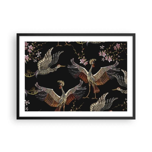 Poster in einem schwarzem Rahmen - Stilvolle Kraniche und Blumen auf schwarzem Hintergrund - 70x50cm - Märchenvogel - Moderne Wanddekoration für Wohnzimmer und Schlafzimmer ARTTOR