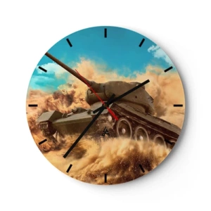 Wanduhr - Glasuhr - Dynamische Szene eines Panzers, der im Einsatz die Wüste durchquert - 30x30cm - Nicht zu besiegen - Moderne Wanddekoration für Wohnzimmer, Küche und Schlafzimmer ARTTOR