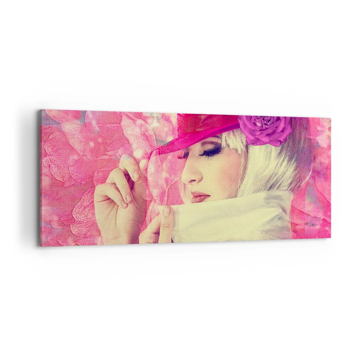 Bild auf Leinwand - Leinwandbild - Stilvolle Frau mit rosa Hut und Blume - 120x50cm - Retro-Porträt in einem rosa Nebel - Moderne Wanddekoration für Wohnzimmer und Schlafzimmer ARTTOR