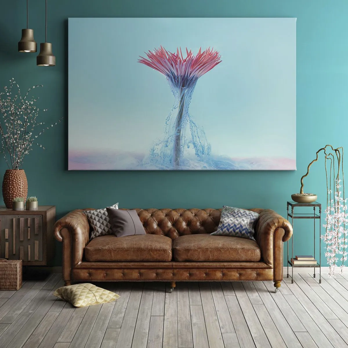 Bild auf Leinwand - Leinwandbild - Eine rosa und blaue Blume in einem künstlerischen Arrangement vor einem pastellfarbenen Hintergrund - 100x70cm - In einer belebenden Umarmung - Moderne Wanddekoration für Wohnzimmer und Schlafzimmer ARTTOR