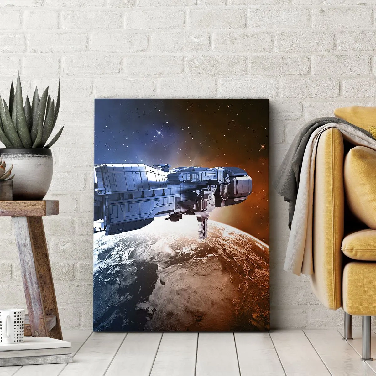 Bild auf Leinwand - Leinwandbild - Ein Raumschiff vor dem Hintergrund eines Planeten im Weltraum - 70x100cm - Ein aufmerksamer Beobachter - Moderne Wanddekoration für Wohnzimmer und Schlafzimmer ARTTOR