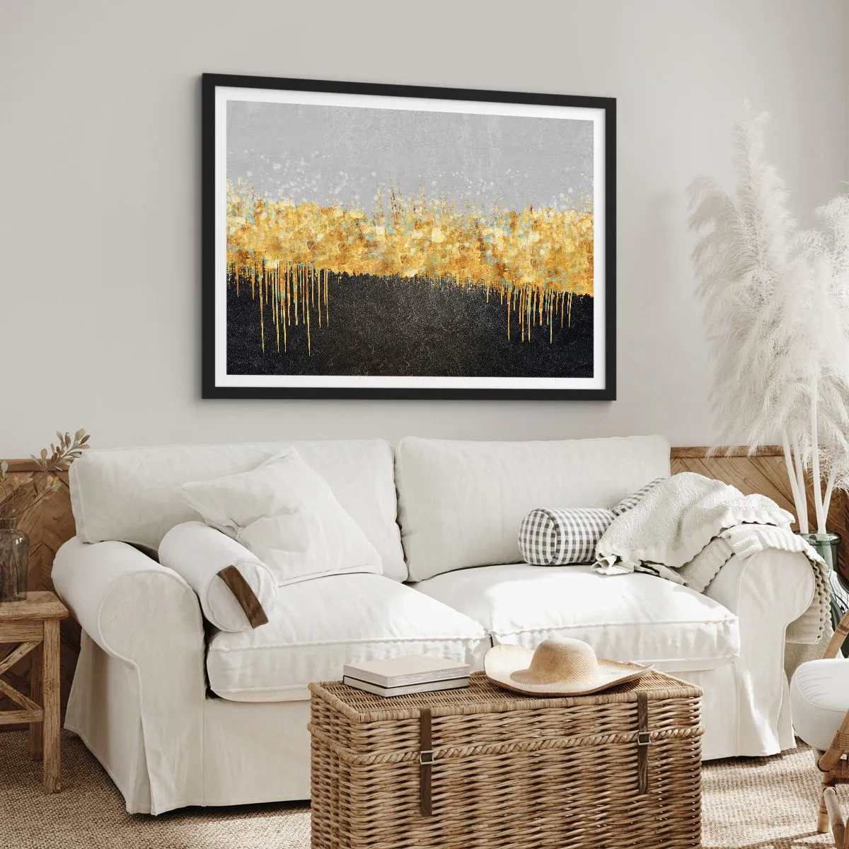 Poster in einem schwarzem Rahmen - Abstrakte Komposition in Gold- und Schwarztönen - 100x70cm - Nach innen und nach oben - Moderne Wanddekoration für Wohnzimmer und Schlafzimmer ARTTOR