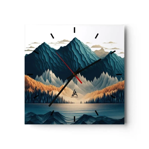 Wanduhr - Glasuhr - Malerische Berge über dem See bei Sonnenuntergang - 30x30cm - Perfekte Berglandschaft - Moderne Wanddekoration für Wohnzimmer und Schlafzimmer ARTTOR