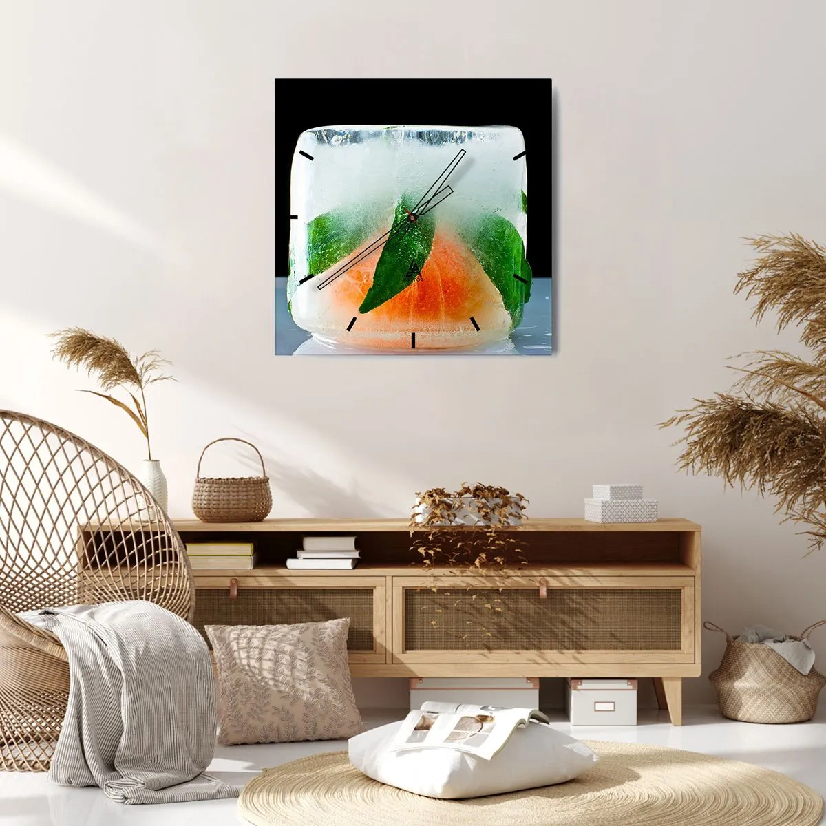 Wanduhr - Glasuhr - Eiswürfel mit Orange und Blättern - 30x30cm - Frisch und kühl - Moderne Wanddekoration für Wohnzimmer und Schlafzimmer ARTTOR