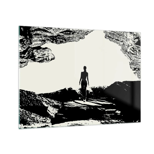 Glasbild - Bild auf glas - Silhouette einer Frau, die aus einer Höhle auftaucht, in Schwarz-Weiß-Grafiken - 70x50cm - Neuer Blick - Moderne Wanddekoration für Wohnzimmer und Schlafzimmer ARTTOR