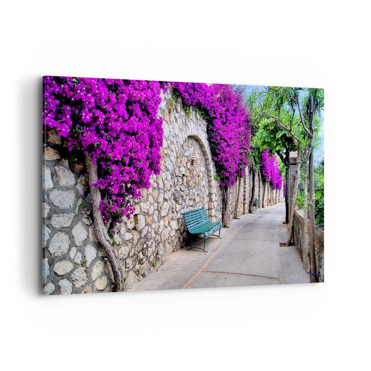Bild auf Leinwand - Leinwandbild - Ein Steinweg mit einer Bank und blühenden lila Blumen - 120x80cm - Lass uns so schnell wie möglich treffen - Moderne Wanddekoration für Wohnzimmer und Schlafzimmer ARTTOR