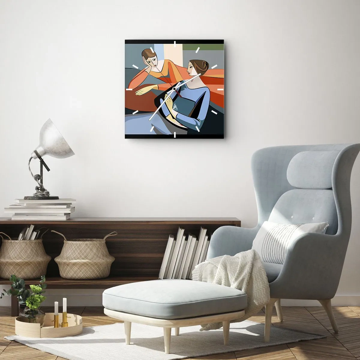 Wanduhr - Glasuhr - Abstrakte Darstellung zweier Frauen im kubistischen Stil - 30x30cm - Moment der Zuversicht - Moderne Wanddekoration für Wohnzimmer und Schlafzimmer ARTTOR