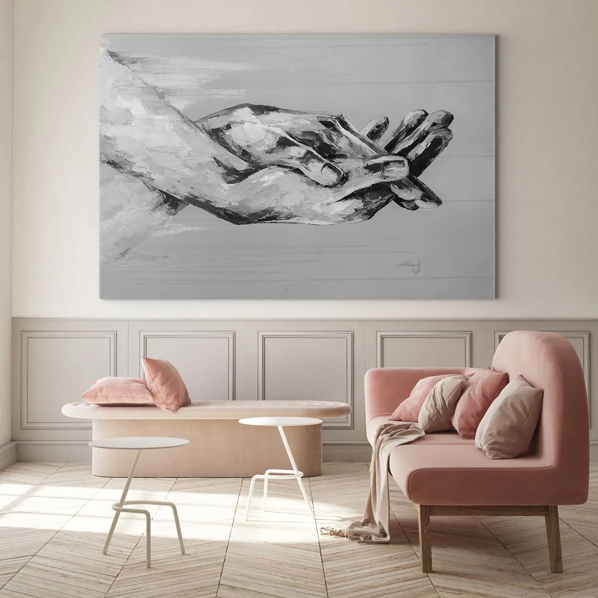 Glasbild - Bild auf glas - Schwarz-Weiß-Gemälde zweier Hände, die nacheinander greifen - 70x50cm - Anfang… - Moderne Wanddekoration für Wohnzimmer und Schlafzimmer ARTTOR