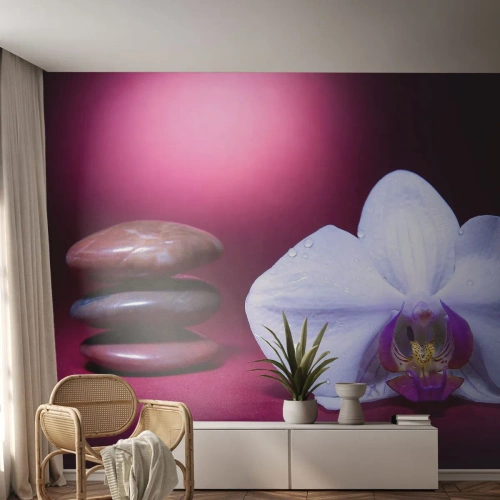Fototapete Premium Canvas - Eine Studie der Frische in Lila - Blumen, Spa, Steine - 250x175 cm
