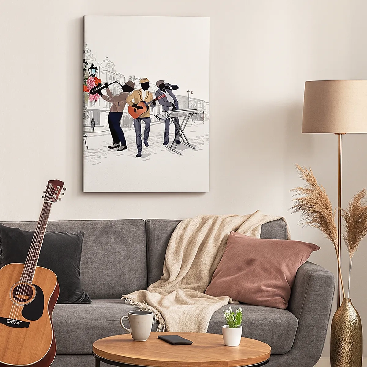 Bild auf Leinwand - Leinwandbild - Straßenmusiker spielen vor dem Hintergrund einer urbanen Landschaft - 50x70cm - Straßenmusik - Moderne Wanddekoration für Wohnzimmer und Schlafzimmer ARTTOR