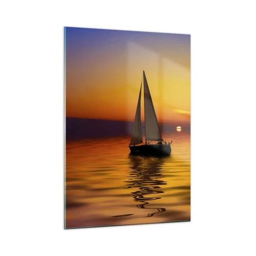 Glasbild - Bild auf glas - Ein Segelboot auf dem Wasser bei Sonnenuntergang - 50x70cm - Wie ruhig es hier in der Abenddämmerung ist... - Moderne Wanddekoration für Wohnzimmer und Schlafzimmer ARTTOR