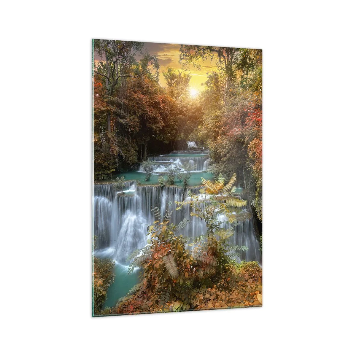 Glasbild - Bild auf glas - Herbstlicher Wasserfall, umgeben von bunten Bäumen im Sonnenlicht - 70x100cm - Versteckter Schatz des Waldes - Moderne Wanddekoration für Wohnzimmer und Schlafzimmer ARTTOR