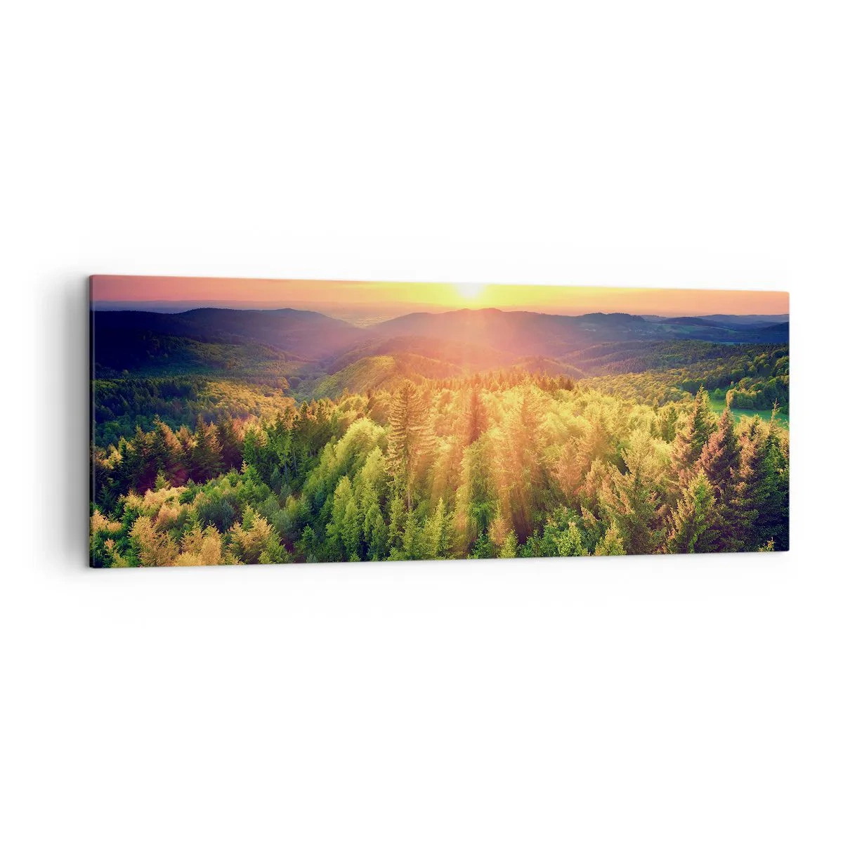 Bild auf Leinwand - Leinwandbild - Waldlandschaft mit Sonnenuntergang über den Hügeln - 140x50cm - Scheitelpunkte und Spitzen - Moderne Wanddekoration für Wohnzimmer und Schlafzimmer ARTTOR