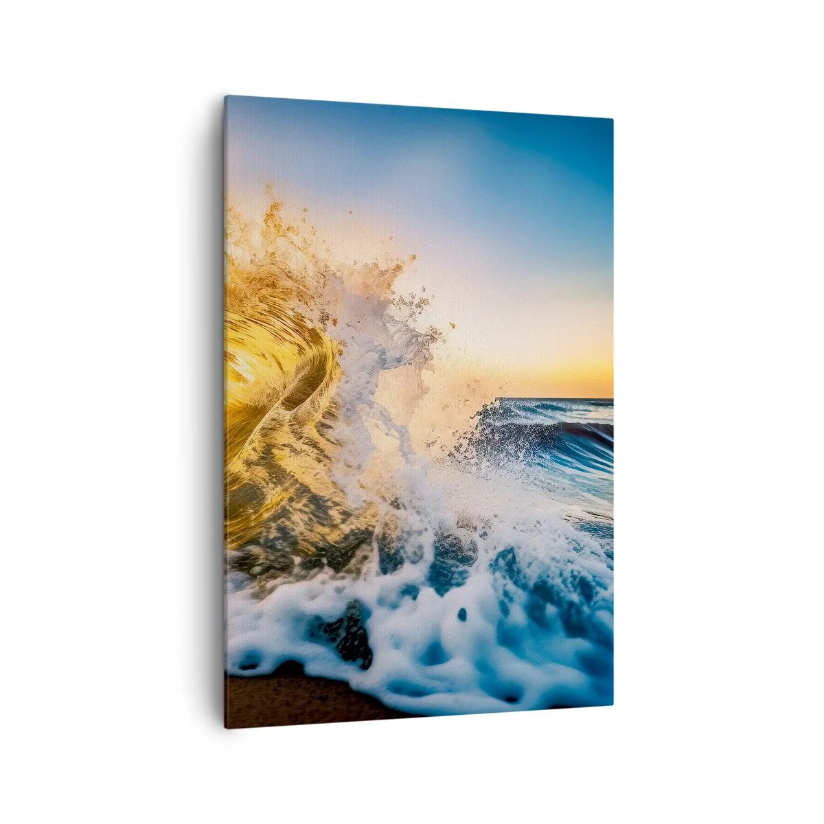 Bild auf Leinwand - Leinwandbild - Eine goldene Welle vor dem Hintergrund der untergehenden Sonne - 70x100cm - Spaß im Sand - Moderne Wanddekoration für Wohnzimmer und Schlafzimmer ARTTOR