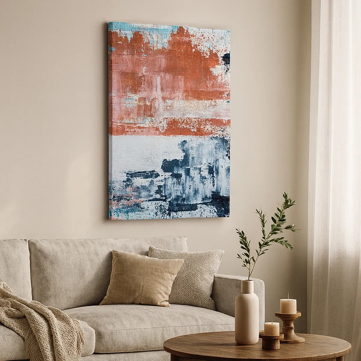 Bild auf Leinwand - Leinwandbild - Abstraktion in Weiß-, Blau- und Ziegelfarben - 50x70cm - Fünfzig-Fünfzig abstrakt - Moderne Wanddekoration für Wohnzimmer und Schlafzimmer ARTTOR