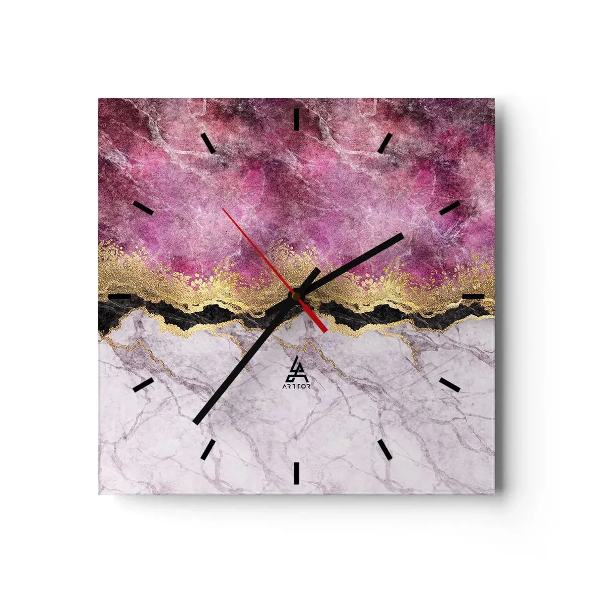 Wanduhr - Glasuhr - Abstrakter Marmor in Rosatönen mit goldenen Akzenten - 30x30cm - An der Grenze - Moderne Wanddekoration für Wohnzimmer und Schlafzimmer ARTTOR