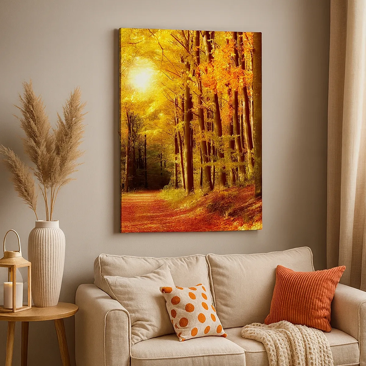 Bild auf Leinwand - Leinwandbild - Herbstwald mit Sonnenstrahlen, die durch die Bäume scheinen - 50x70cm - Goldener Herbst auf einer Forststraße - Moderne Wanddekoration für Wohnzimmer und Schlafzimmer ARTTOR