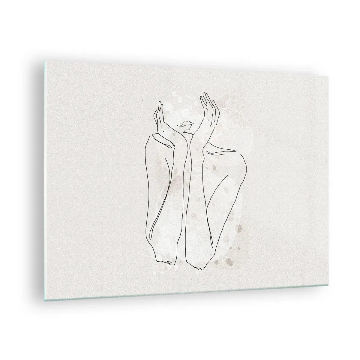 Glasbild - Bild auf glas - Eine minimalistische Skizze der Hände und Lippen einer Frau vor einem beigen Hintergrund. - 70x50cm - Ein träumerischer Moment - Moderne Wanddekoration für Wohnzimmer und Schlafzimmer ARTTOR