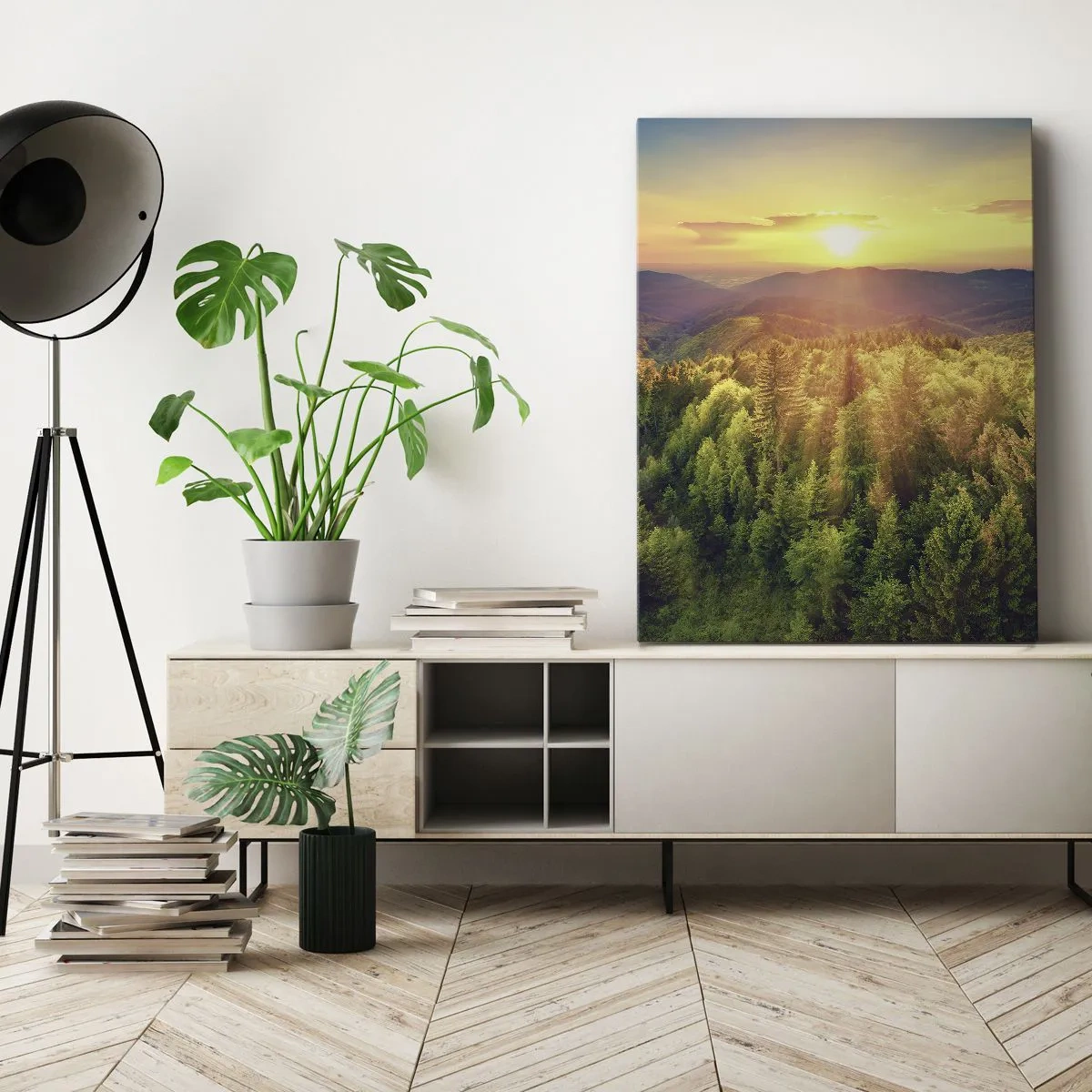 Bild auf Leinwand - Leinwandbild - Waldlandschaft mit Sonnenuntergang über den Hügeln - 70x100cm - Scheitelpunkte und Spitzen - Moderne Wanddekoration für Wohnzimmer und Schlafzimmer ARTTOR
