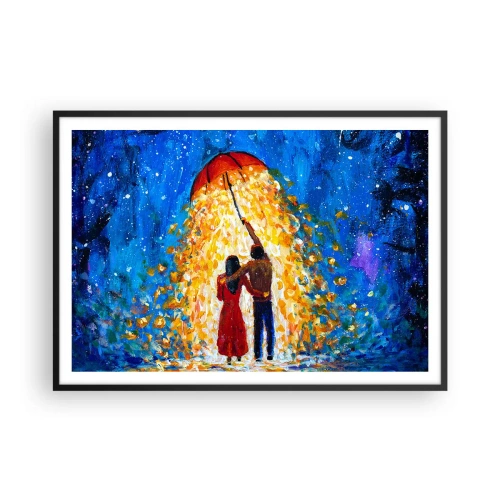 Poster in einem schwarzem Rahmen - Ein Paar unter einem roten Regenschirm im leuchtenden Regen - 100x70cm - Zauber eines Regenabends? - Moderne Wanddekoration für Wohnzimmer und Schlafzimmer ARTTOR